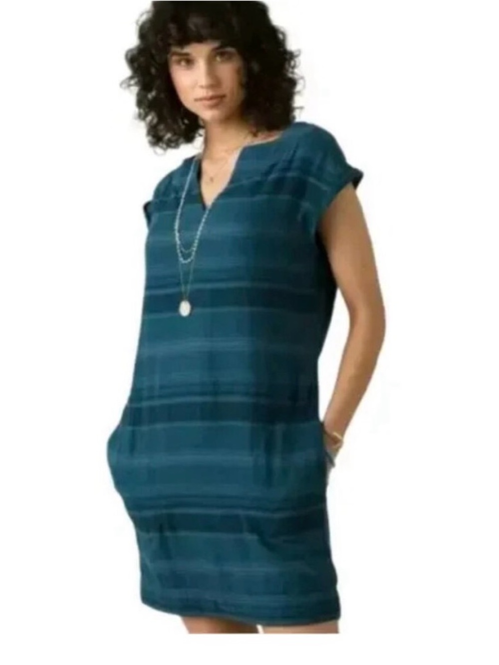 prAna Kai Cotton Teal Blue Striped V-Neck Tunic. Size XS